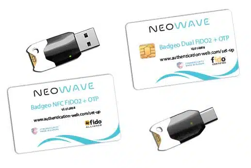 FIDO2 + ID 2.0 range from NEOWAVE with Winkeo-A and C FIDO2 + QSCD security keys and Badgeo FIDO2 + QSCD smart card for strong authentication on the Web and the cloud and for a secure electronic signature.