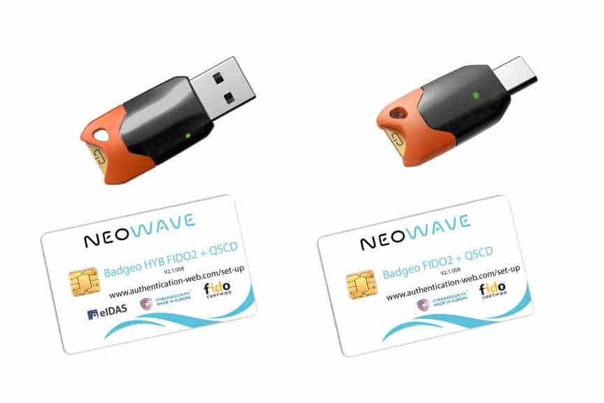 Gamme FIDO2 + ID 2.0 de NEOWAVE avec des clés de sécurité Winkeo-A et C FIDO2 + QSCD et carte à puce Badgeo FIDO2 + QSCD pour de l'authentification forte sur le Web et le cloud et pour une signature électronique sécurisée.