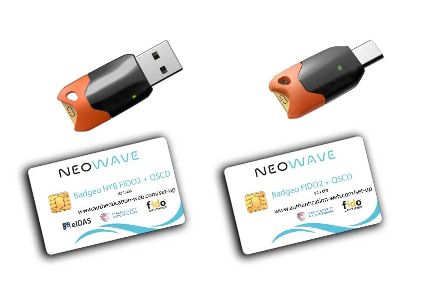 Gamme FIDO2 + ID 2.0 de NEOWAVE avec des clés de sécurité Winkeo-A et C FIDO2 + QSCD et carte à puce Badgeo FIDO2 + QSCD pour de l'authentification forte sur le Web et le cloud et pour une signature électronique sécurisée.